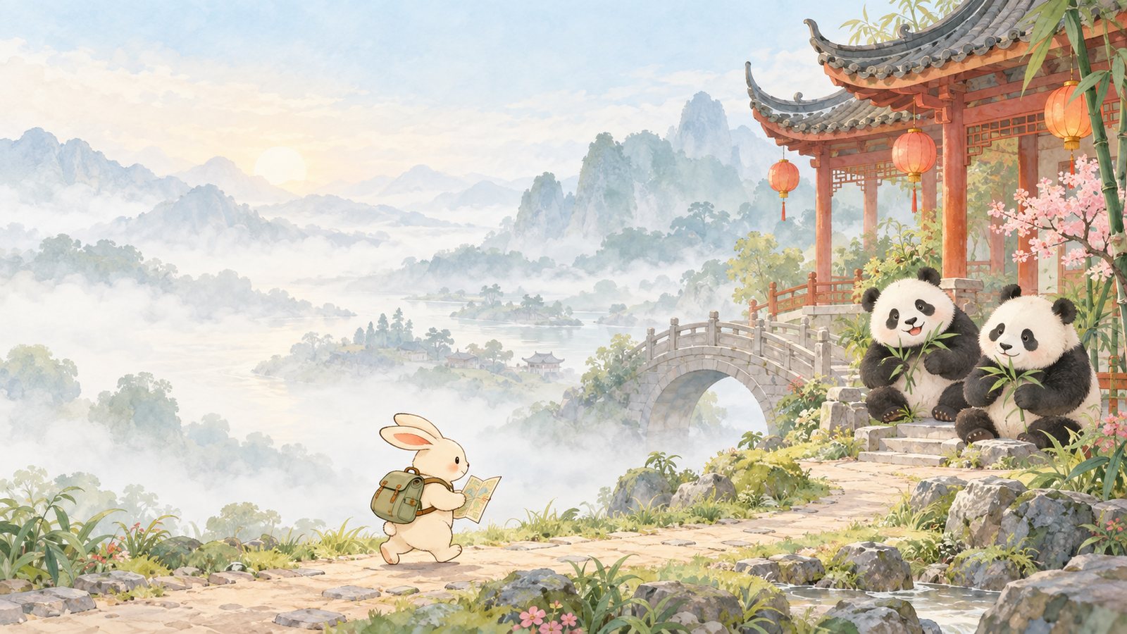 A small white bunny with a backpack walks right along a stone path toward two waiting giant pandas and a traditional Chinese pavilion in misty mountains